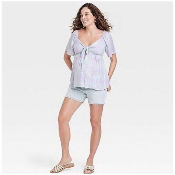 ISABEL MATERNITY Ingrid & Isabel Pastel Plaid Peekaboo Tie-Front Top NWT Easter - Picture 2 of 12